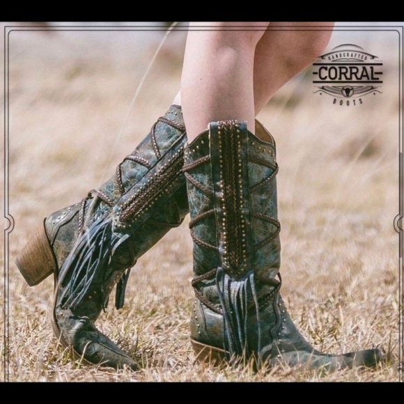 Corral Women’s Brittney A3147 Blue/Brown Braiding & Fringe Snip Toe Cowboy Boots - Picture 2 of 5